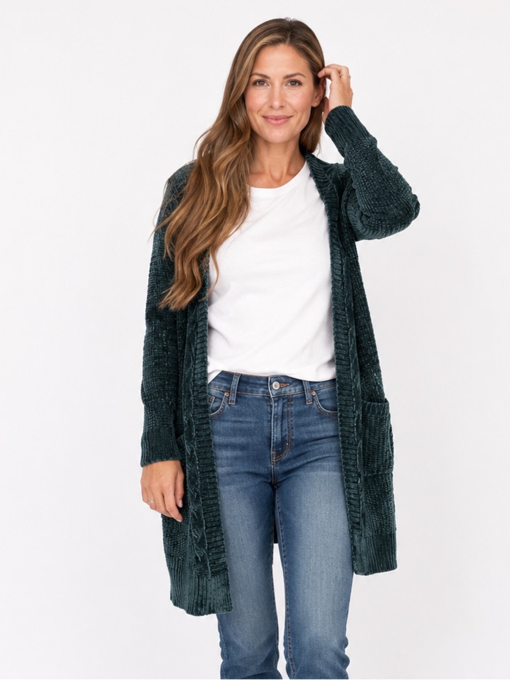 Green long sleeve fuzzy cardigan open front soft sweater